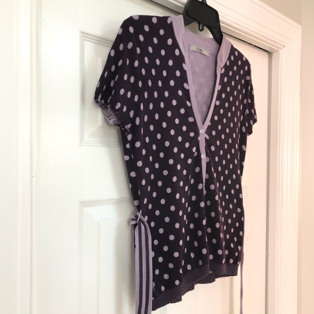 Silkwear Purple Polka Dot Buttoned V-Neck Belted Knit Cardigan Top Blouse - Picture 16 of 16